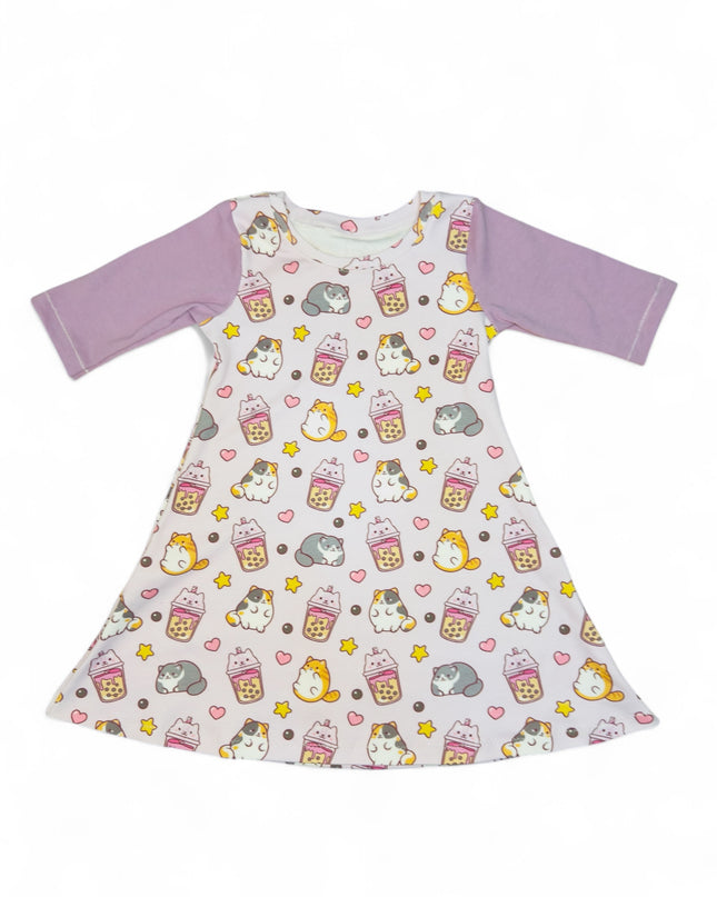 Boba Cats 3/4 Sleeve Swing Dress