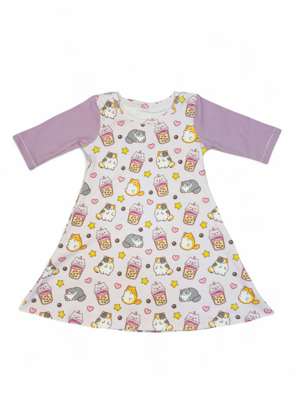 Boba Cats 3/4 Sleeve Swing Dress