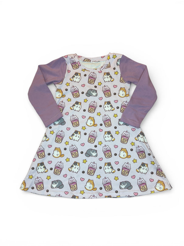 Boba Cats Long Sleeve Swing Dress