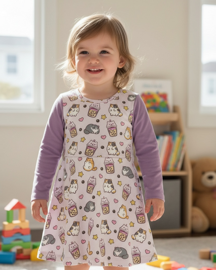 Boba Cats Long Sleeve Swing Dress